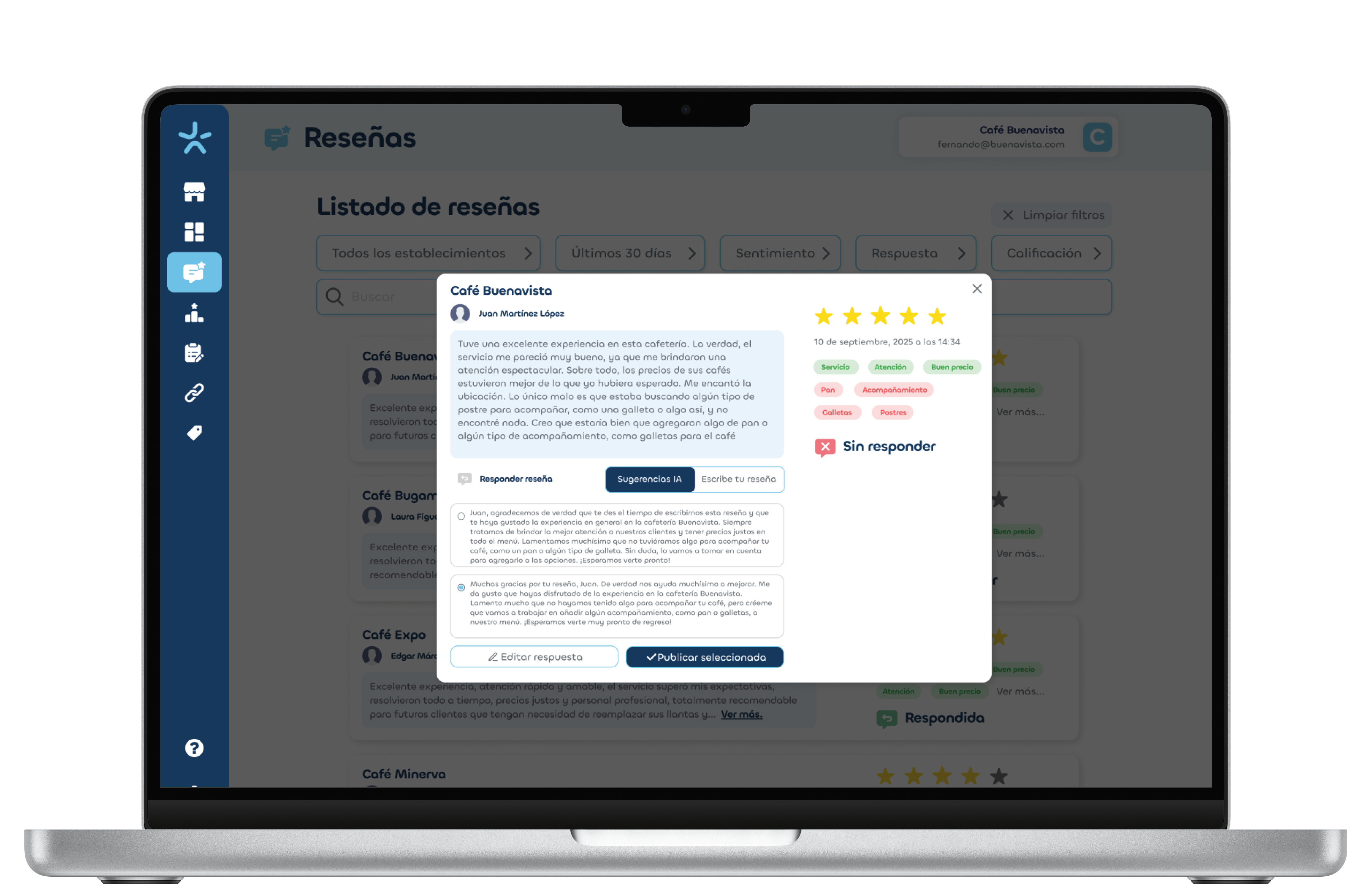 Listado de reseñas de todos los establecimientos en MaxReviewer