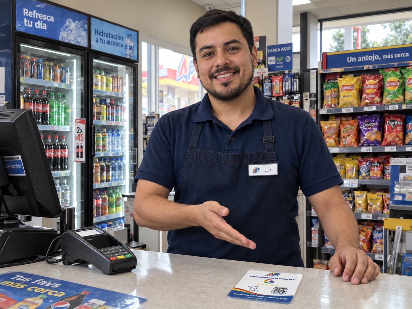Encargado de tienda de conveniencia mostrando la placa NFC en la caja