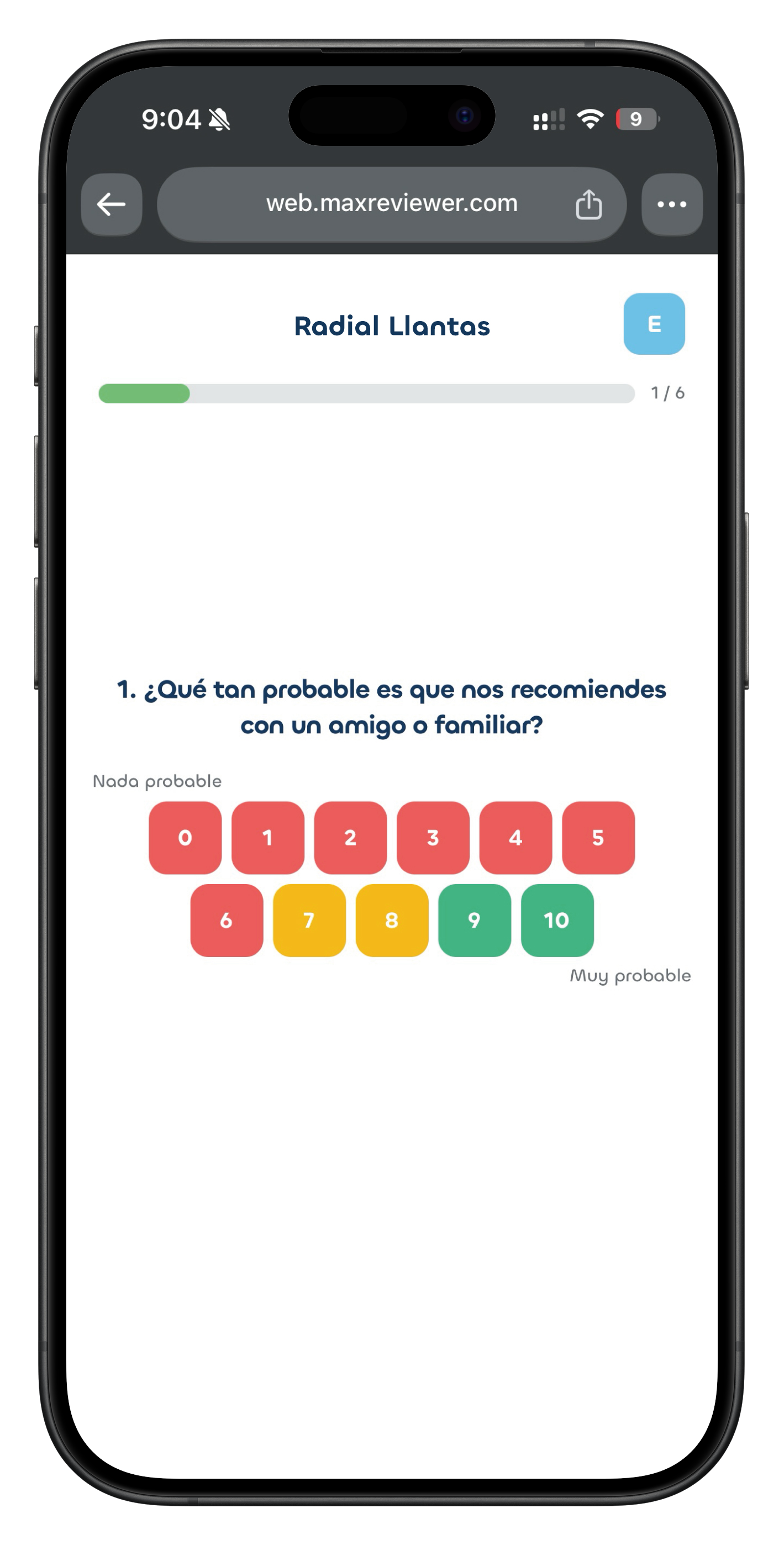 Pantalla de encuesta de MaxReviewer en el celular: pregunta de calificación