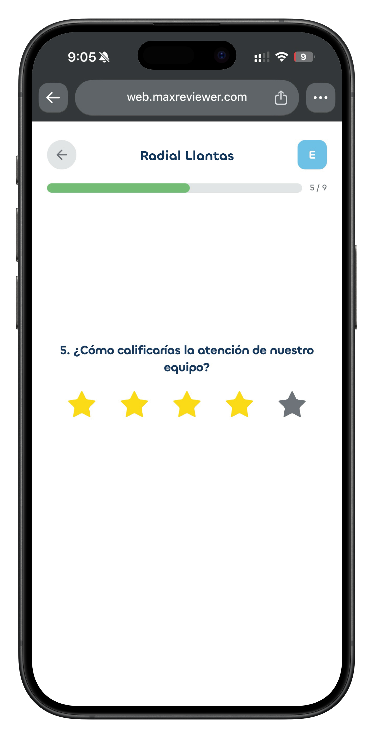 Pantalla de encuesta de MaxReviewer en el celular: calificación con estrellas