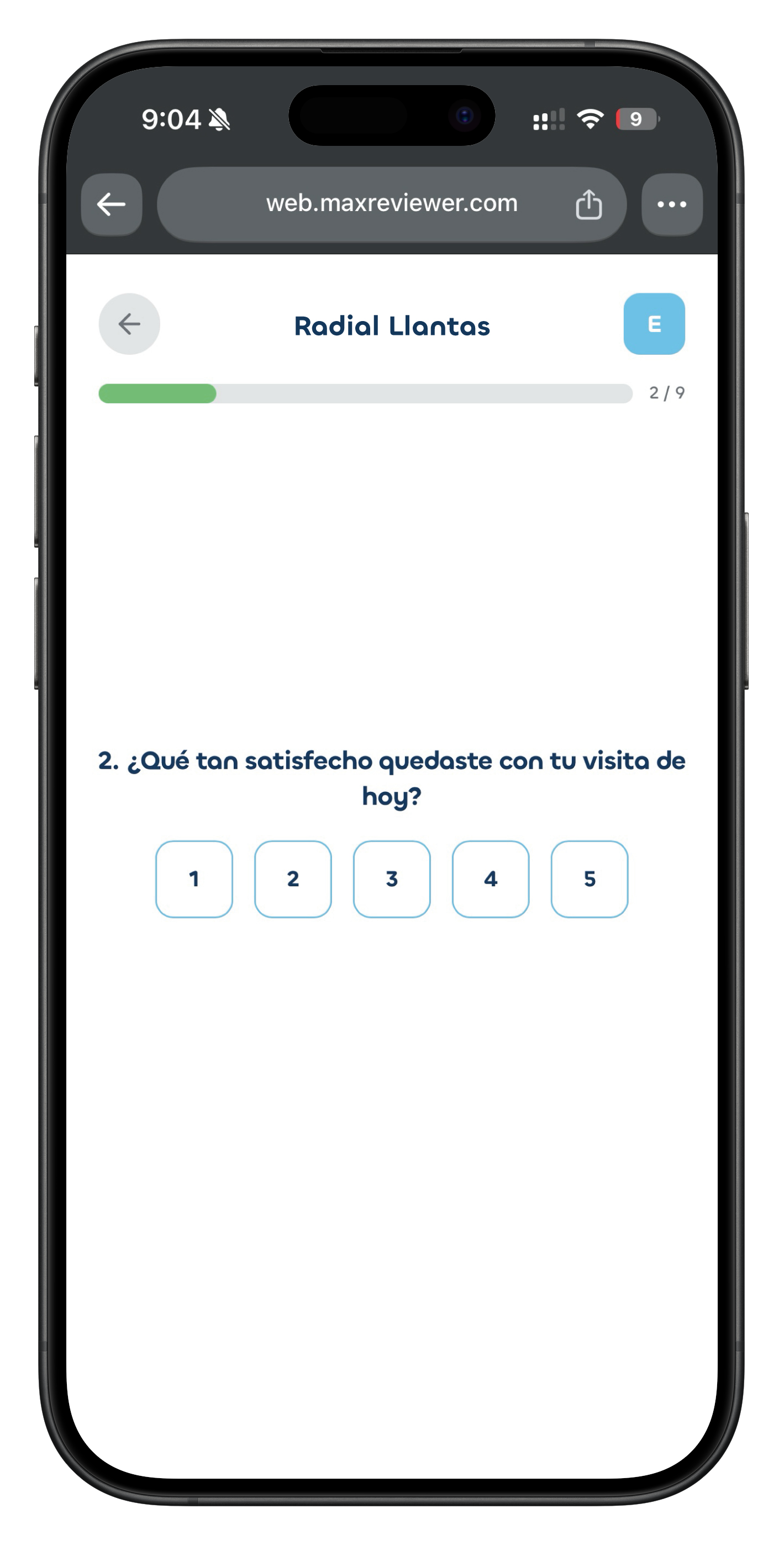 Pantalla de encuesta de MaxReviewer en el celular: pregunta de sí o no
