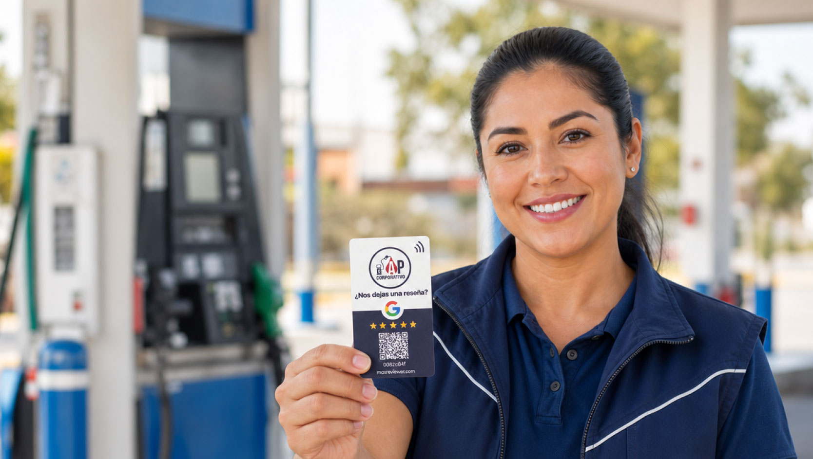 Despachadora de gasolinera sosteniendo una tarjeta NFC de MaxReviewer