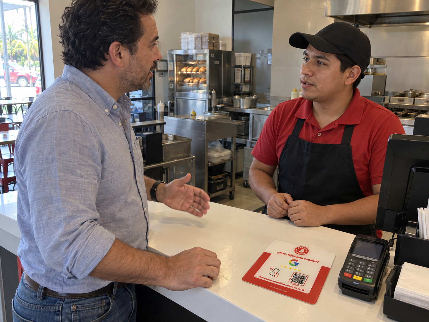 Corporativo revisando con un franquiciatario la reputación de sus unidades