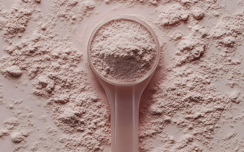 A scoop is filled with effera™ powder on a matching background.