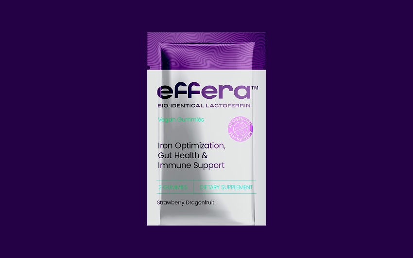 A sachet of effera™ vegan gummies on a purple background.