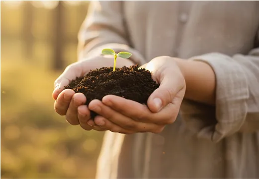 A person holds a small plant sprout in a mound of soil within their cupped hands.