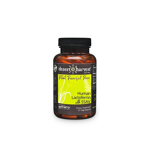 Bottle of Desert Harvest Human Lactoferrin dietary supplement with SSAV, containing 30 vegetarian capsules.