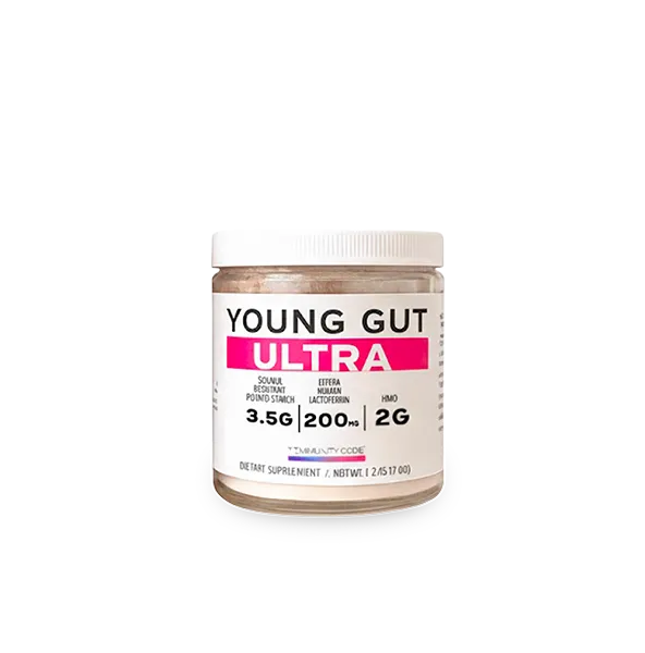 Jar of Immunity Code Young Gut Ultra dietary supplement showing key ingredients and dosages front label.
