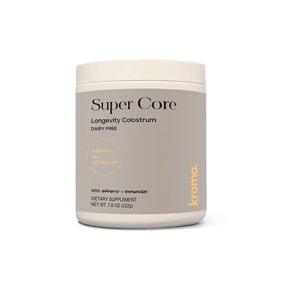 Container of Kroma Super Core Longevity Colostrum dietary supplement, dairy free, for immunity, gut, and metabolism support. From Kroma Wellness company.