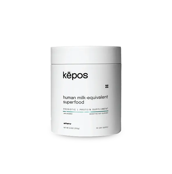 White container of Bellie / Kepos human milk-equivalent superfood prebiotic protein supplement, unflavored.