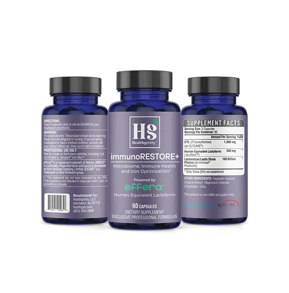 Three blue supplement bottles of Healthgevity ImmunoRestore+ featuring product label, directions, and supplement facts.