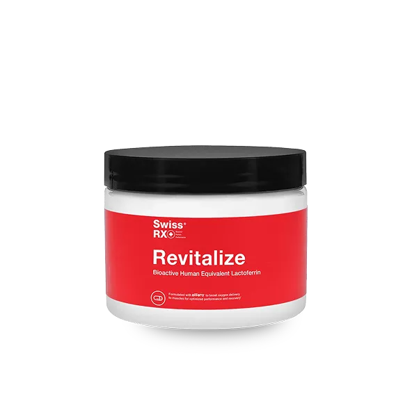 Jar of Swiss RX Revitalize supplement with red label and black lid.