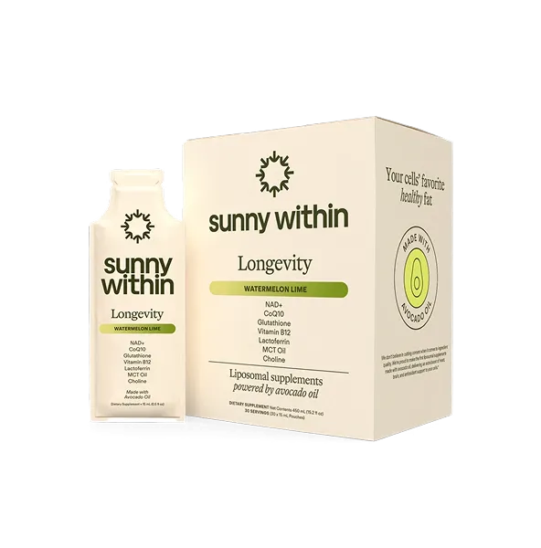 Sunny Within Longevity Watermelon Lime liposomal supplement sachet and box made with avocado oil.
