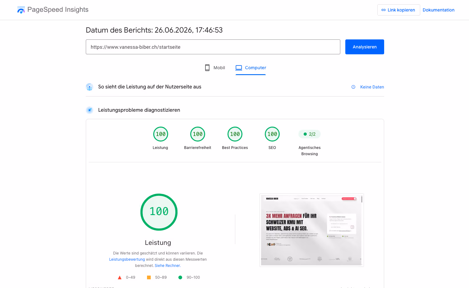Page Speed einer Website aus der Schweiz Vanessa Biber Agentur