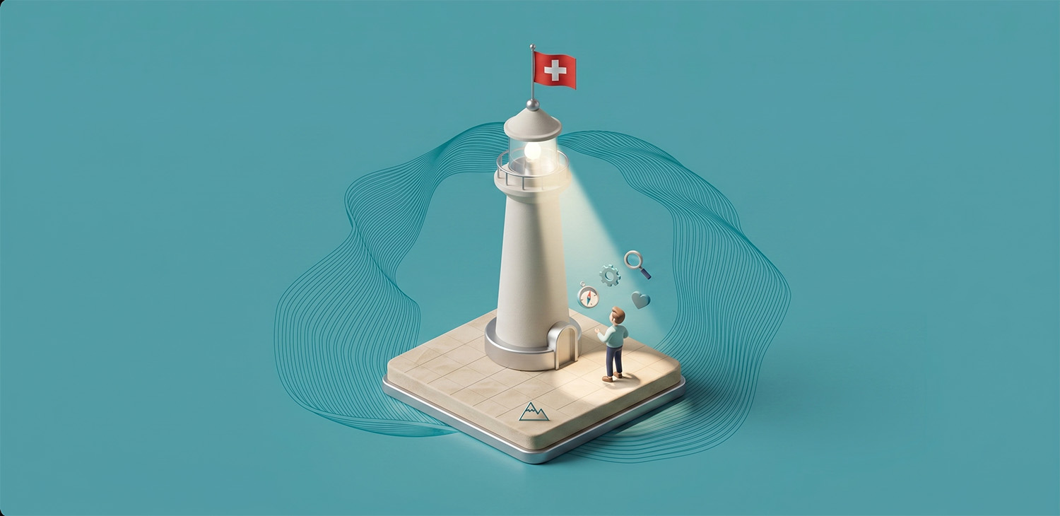 3D-Illustration eines Schweizer Leuchtturms auf türkisfarbenem Hintergrund.