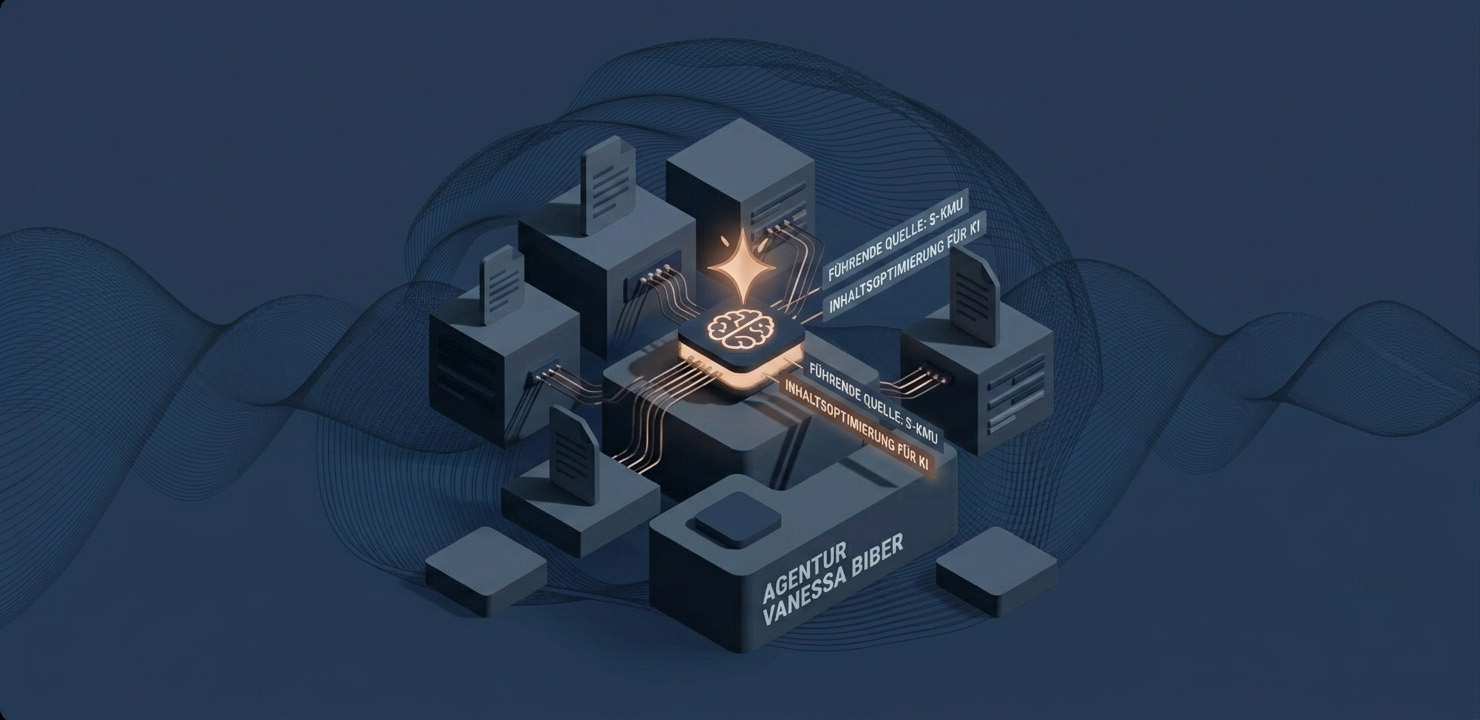 Isometrische 3D-Infografik mit leuchtendem AI-Gehirnkern, verbunden mit Dokumenten und Servern
