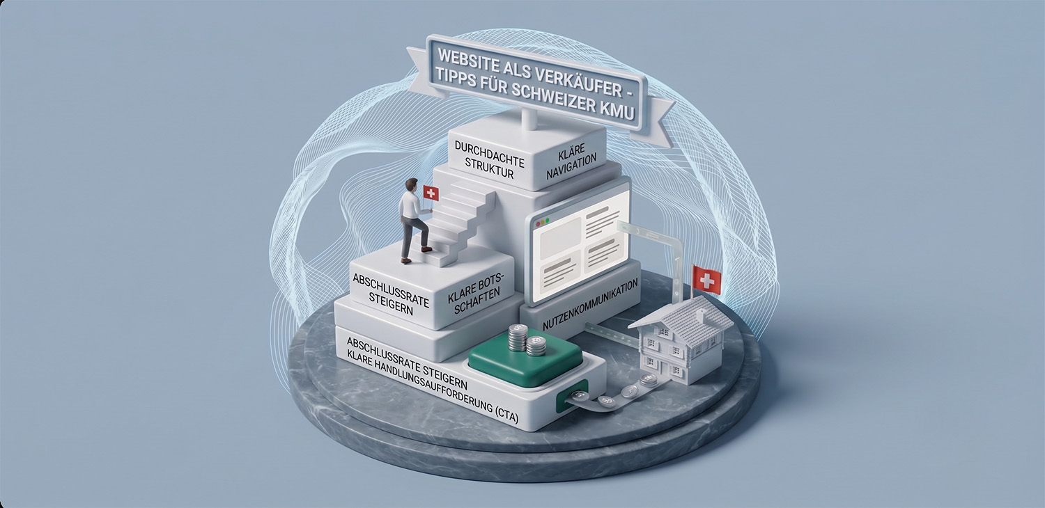 Isometrisches 3D-Modell einer strukturierten Website-Verkaufsstrategie für Schweizer KMU.