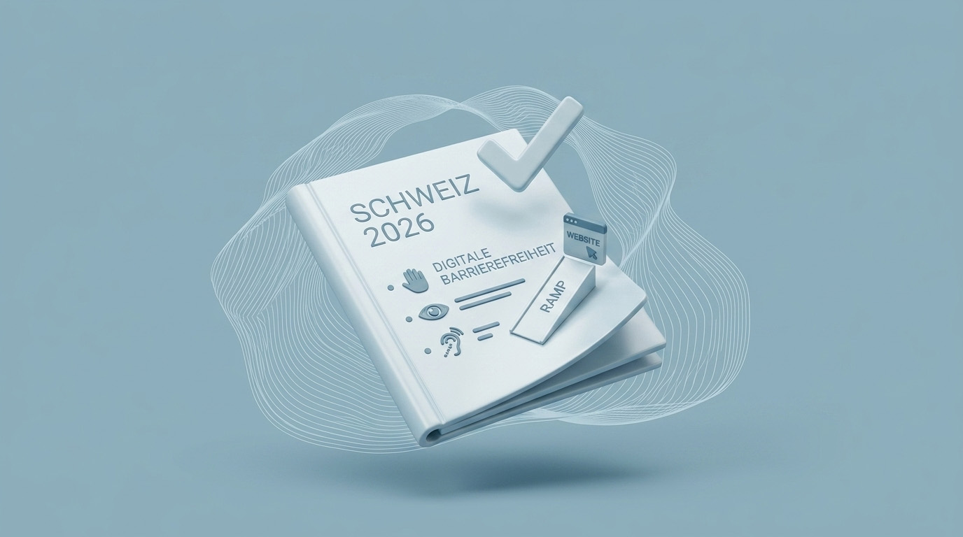 3D-Illustration zur digitalen Barrierefreiheit in der Schweiz 2026 mit Symbolen für Sehen, Hören und Motorik sowie einem Häkchen.