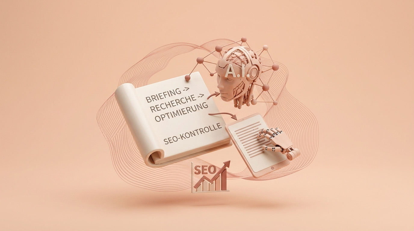 3D-Illustration zum Thema KI und SEO mit den Schritten Briefing, Recherche, Optimierung und SEO-Kontrolle, dargestellt durch ein Buch, einen Roboterkopf und ein Diagramm.
