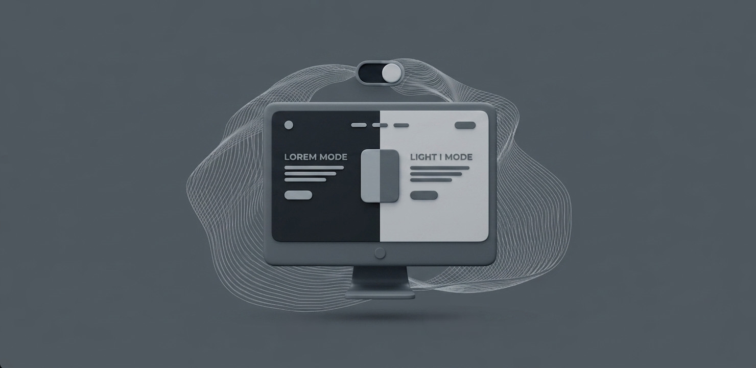 Eine 3D-Illustration, die einen Computerbildschirm zeigt, der in der Mitte geteilt ist, um Dark Mode und Light Mode zu vergleichen. Über dem Bildschirm befindet sich ein Kippschalter.