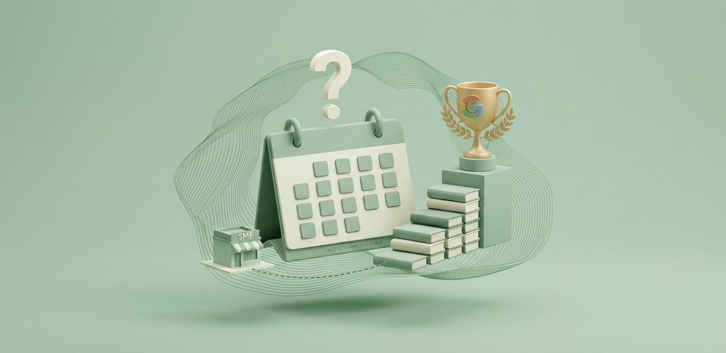 Eine 3D-Illustration mit einem Kalender, einer Bücher-Erfolgsleiter und einem Google-Pokal, die den Weg zum Online-Marketing-Erfolg darstellt.