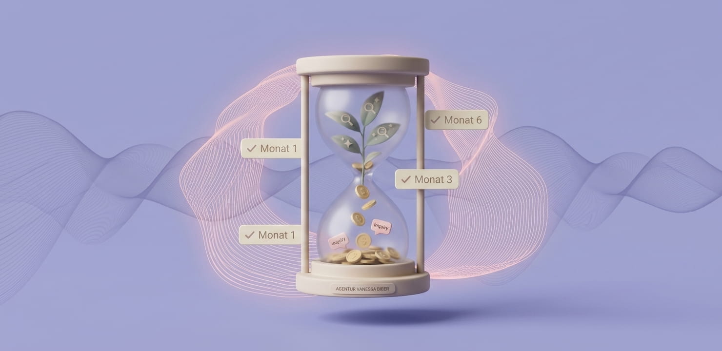 3D-Illustration einer Sanduhr mit wachsender Pflanze, fallenden Goldmünzen und Etappen-Labels von Monat 1 bis Monat 6 der Agentur Vanessa Biber.