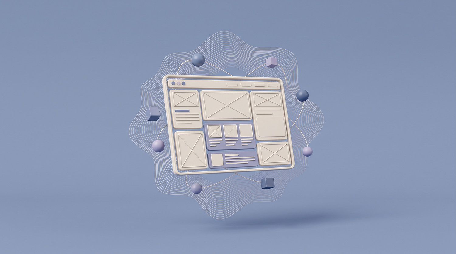 3D-Konzept eines Website-Wireframes mit KI-Elementen für modernes UX-Design.