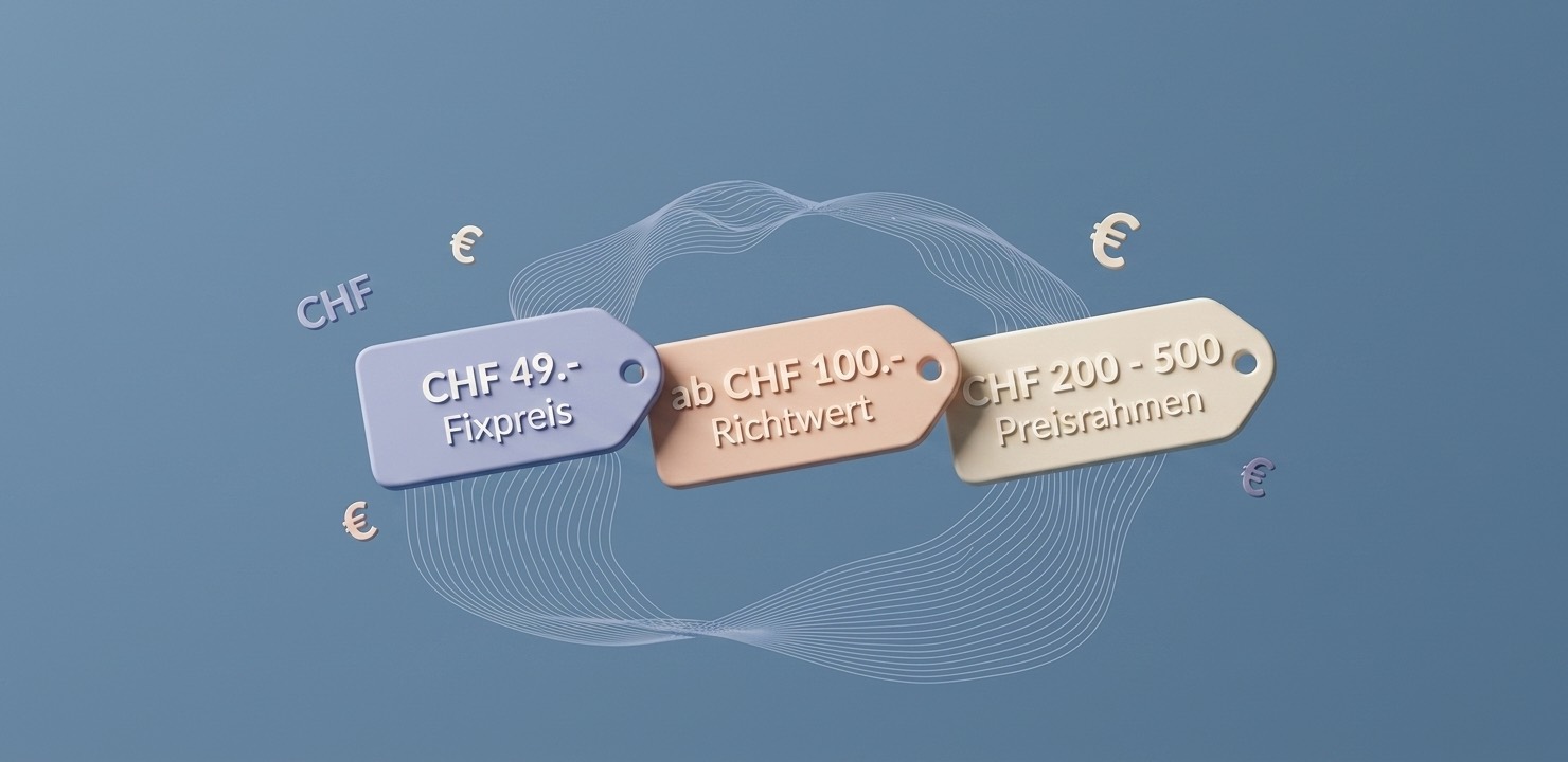 3D Bild von 3 Preistags eines Dienstleistungsunternehmens in Schweizer Franken