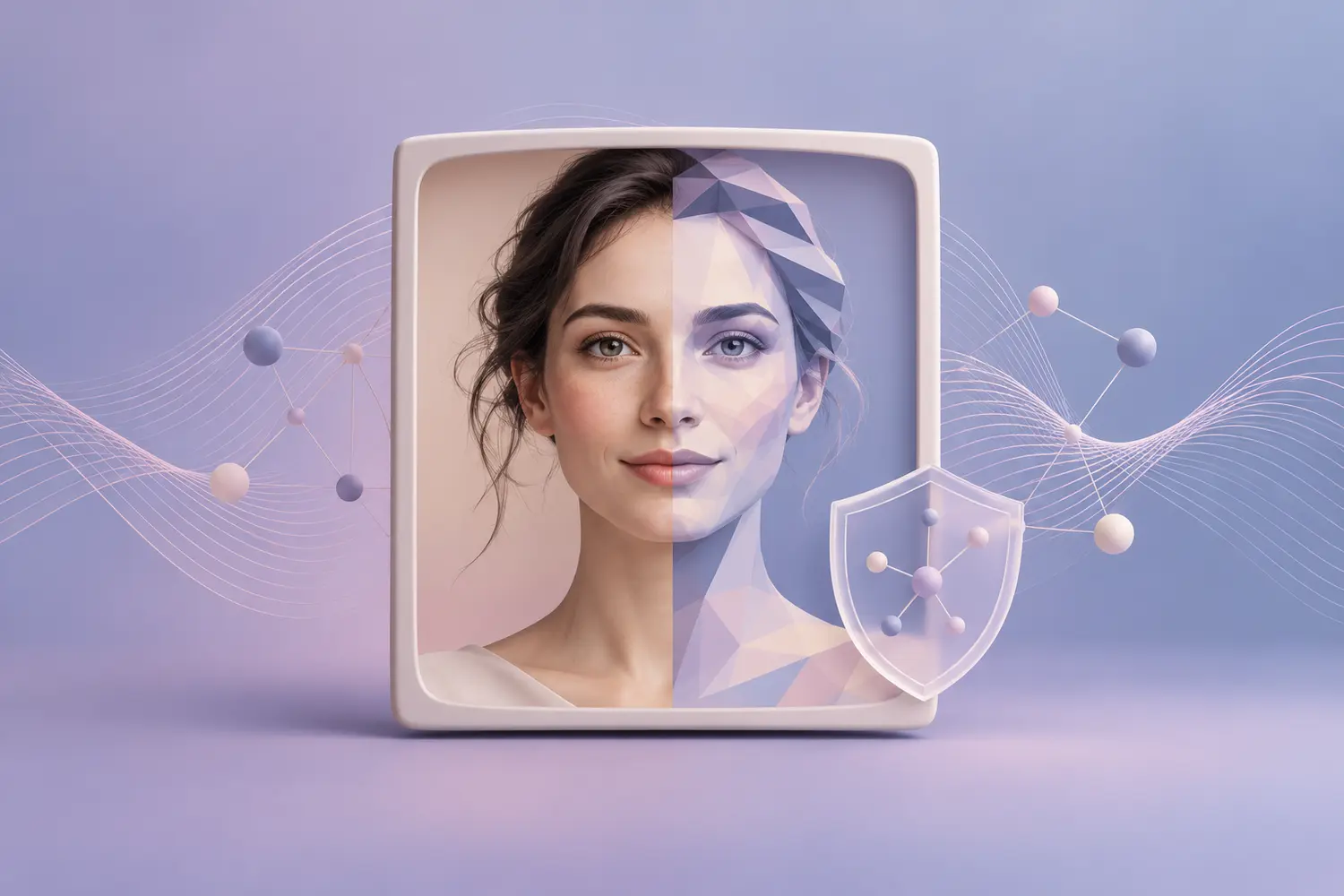Geteiltes Porträt mit AI Facetten und Prüfschild.