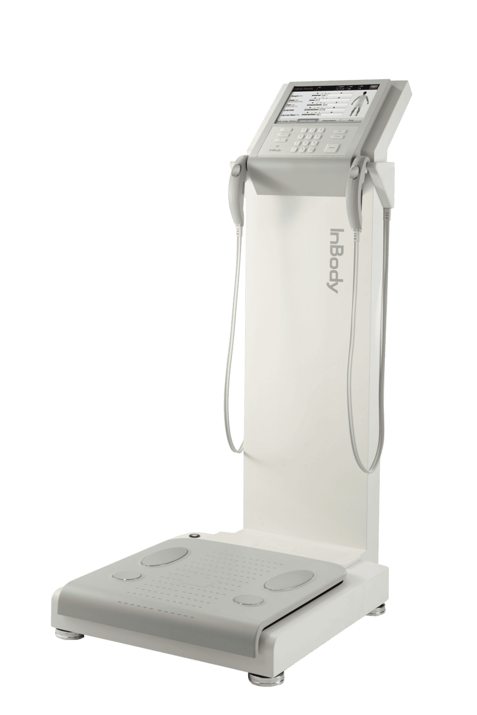 Weißes InBody-Körperanalysegerät mit Display, Handelektroden und Fußplatte zur Messung von Körperzusammensetzung.