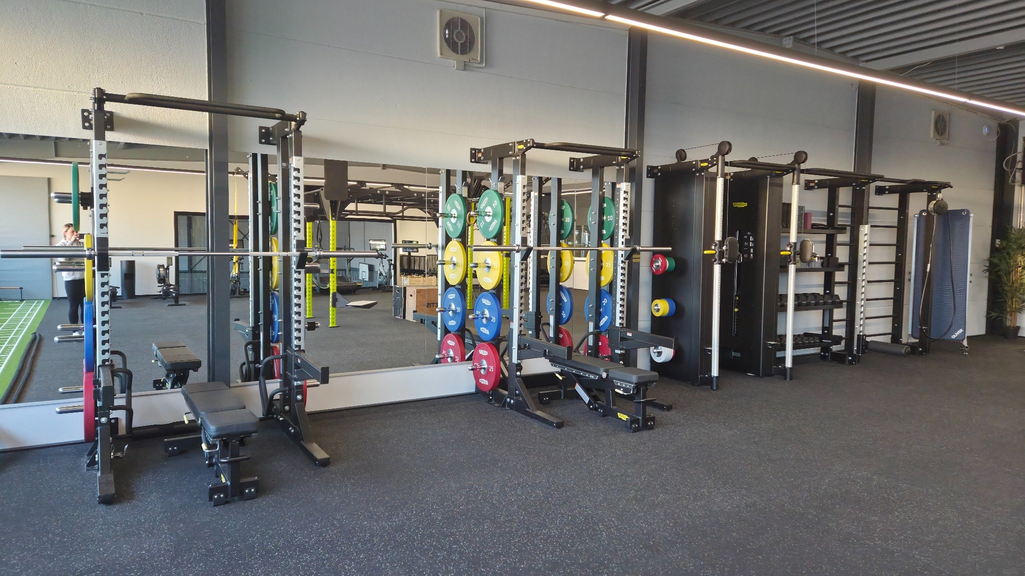 Moderne Fitnessraum mit Gewichten, Kraftstationen und Spiegelwand.