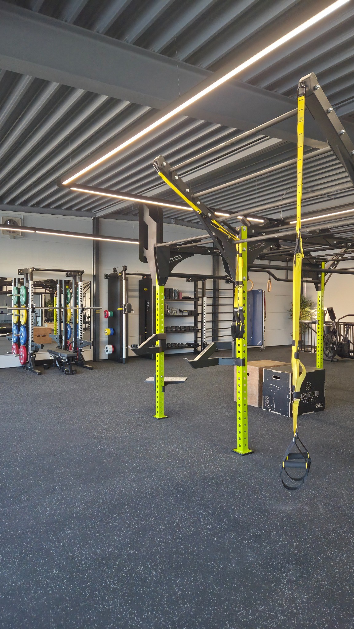 Moderne Fitnessstudio mit gelbem Trainingsrahmen, Gewichten und Trainingsgeräten.