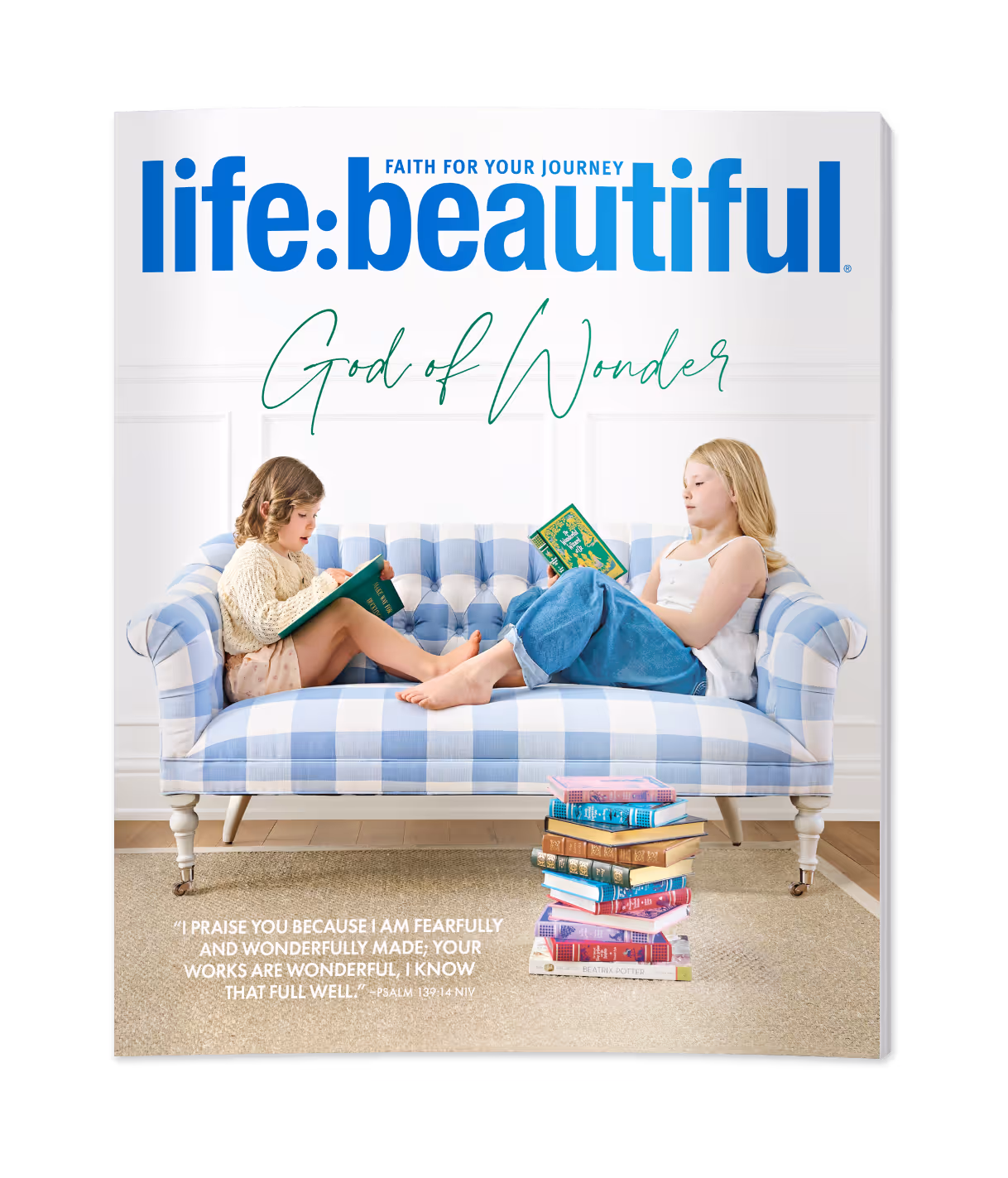 Cover of Life:Beautiful magazine showing two girls reading books on a blue and white checkered couch with a stack of books on the floor.