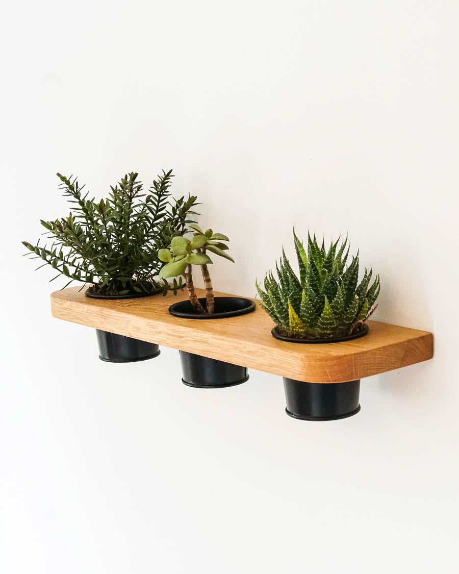 Étagère flottante triple en bois pour pots de fleurs contenant trois plantes