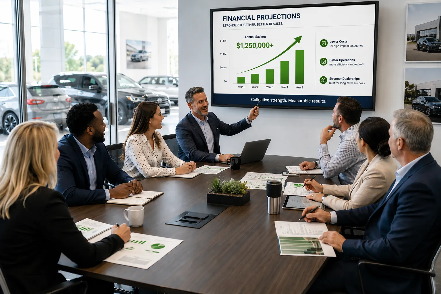 Business people discussing charts and graphs on papers at a desk.