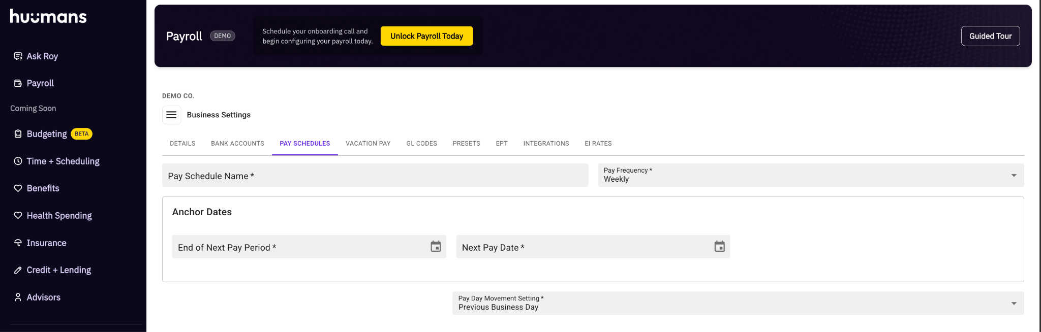 A screen grab of Huumans Payroll for Canadian small businesses