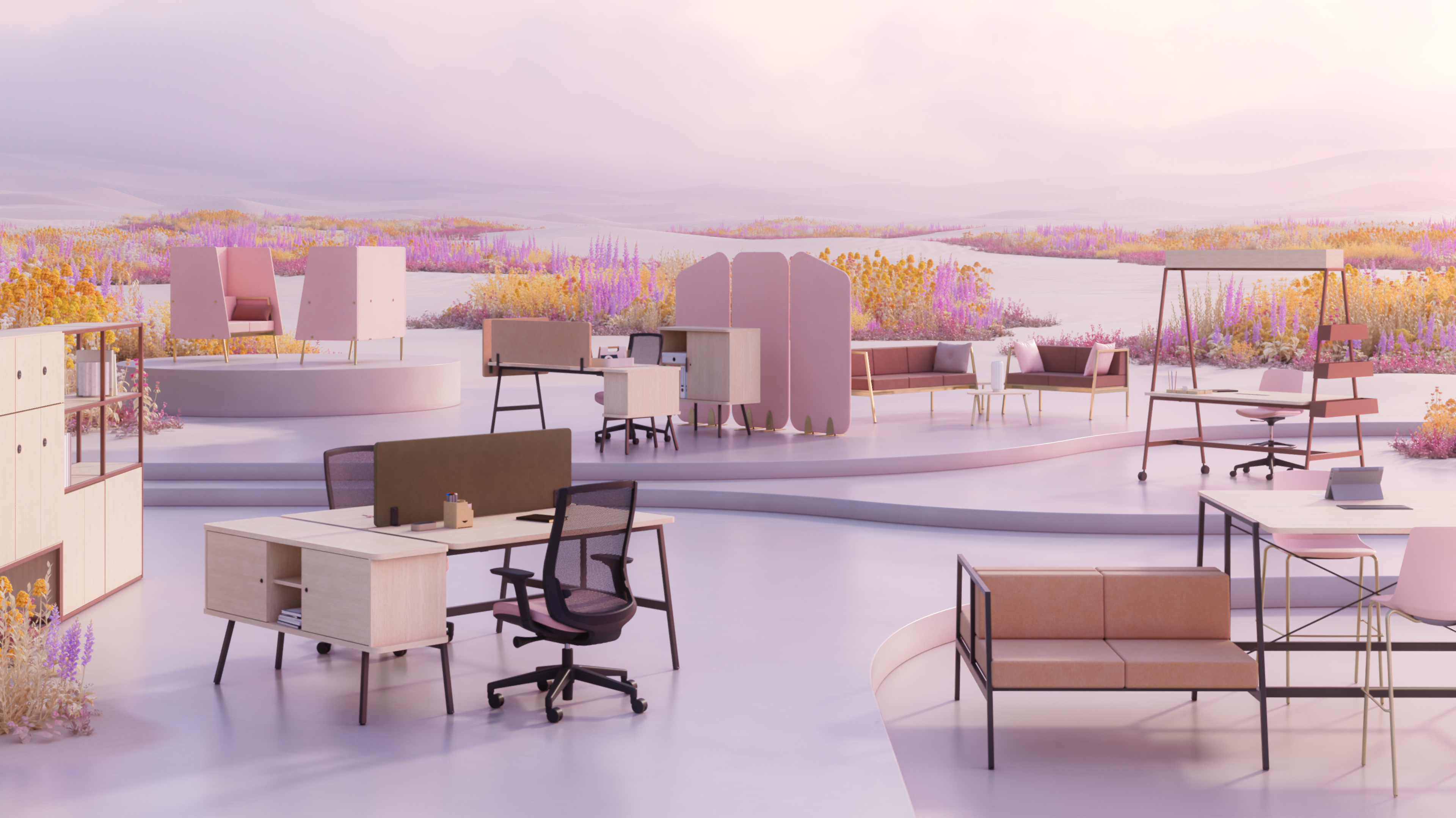 Espace de bureau moderne avec mobilier fonctionnel, sièges roses et marron, et paravent rose dans un environnement lumineux aux tons pastel.