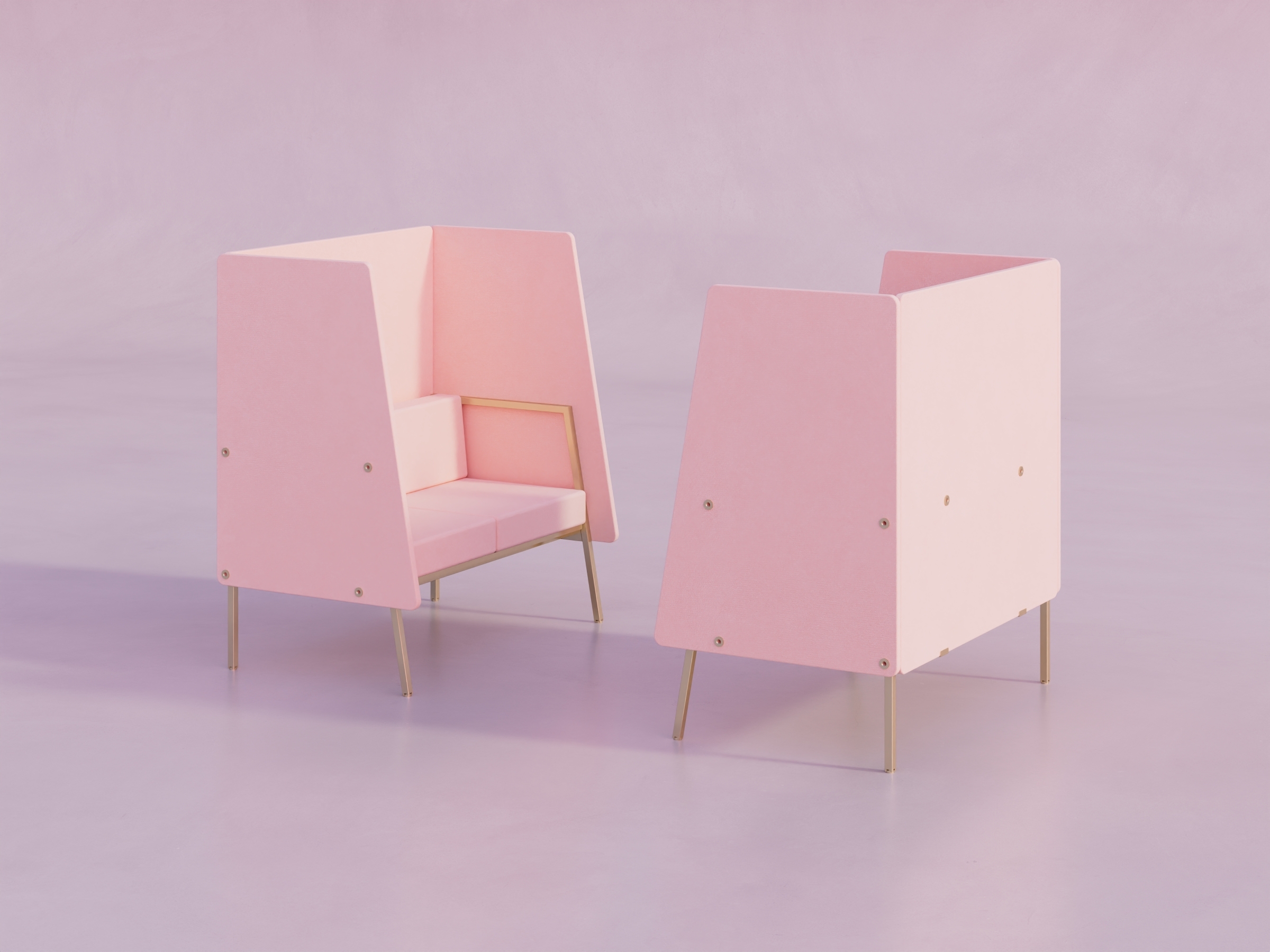 Deux fauteuils modernes de couleur rose avec dossiers hauts et pieds métalliques dorés, sur un sol rose clair.