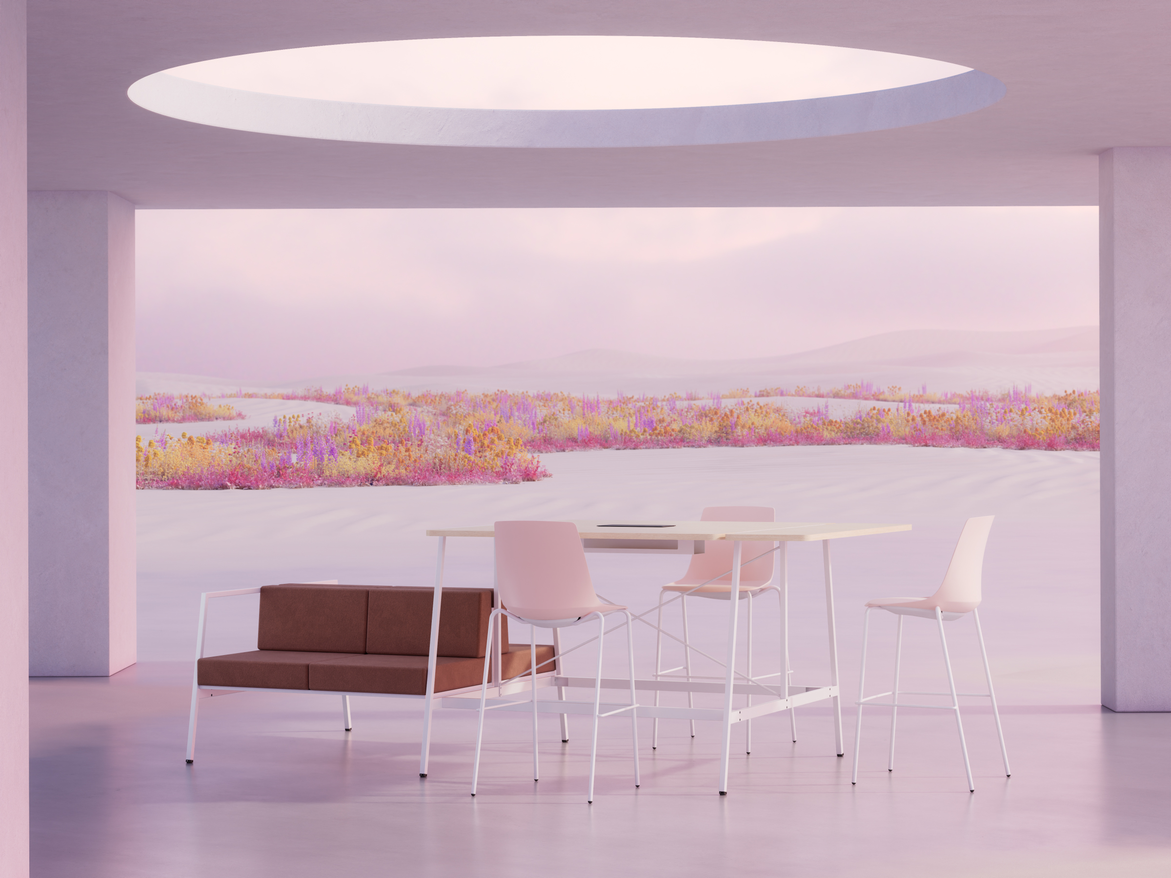 Intérieur moderne avec table haute, chaises roses, canapé marron et vue sur un paysage pastel fleuri.