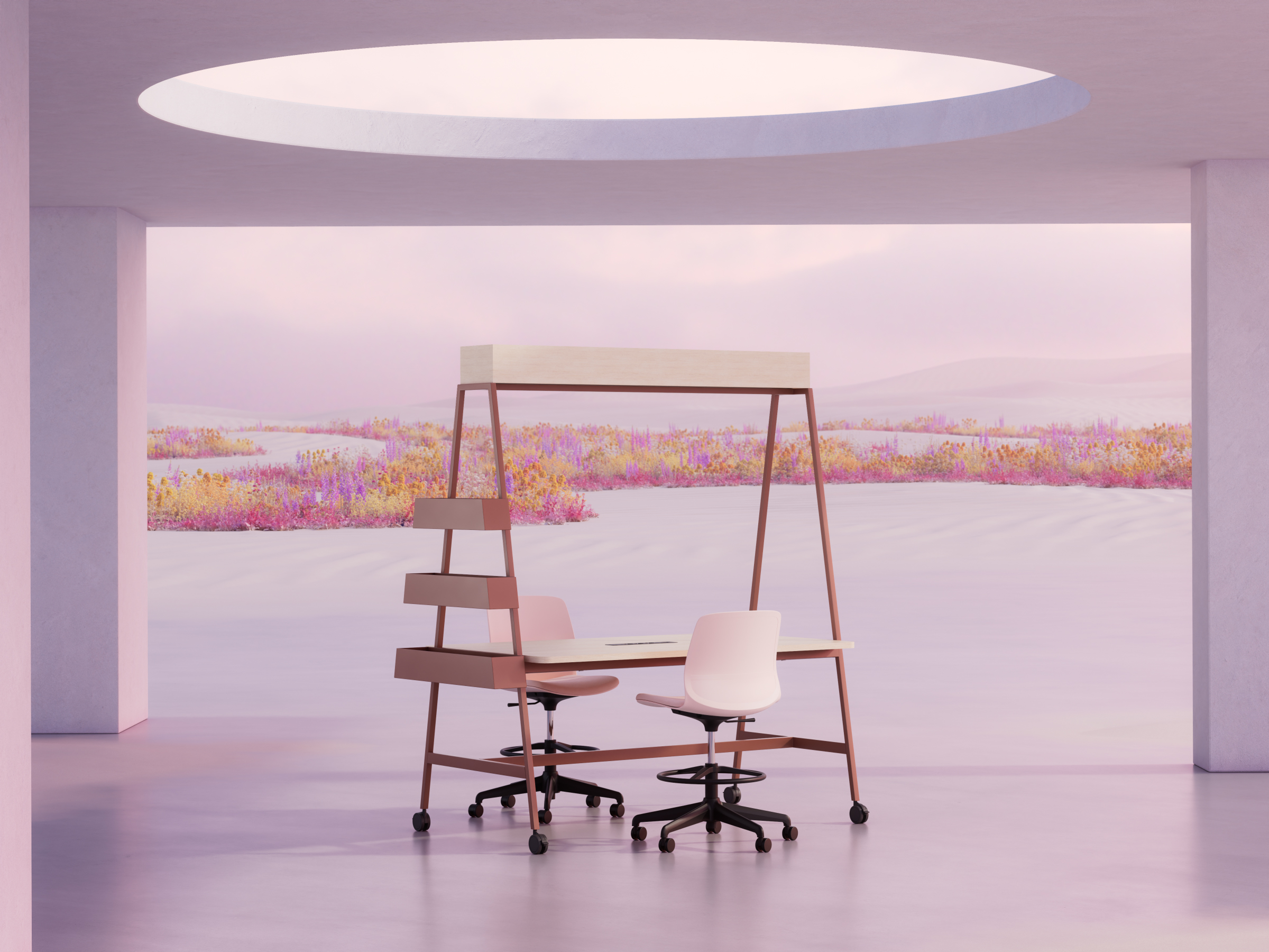 Bureau moderne avec deux chaises à roulettes sous une ouverture circulaire, vue sur un paysage de fleurs colorées.