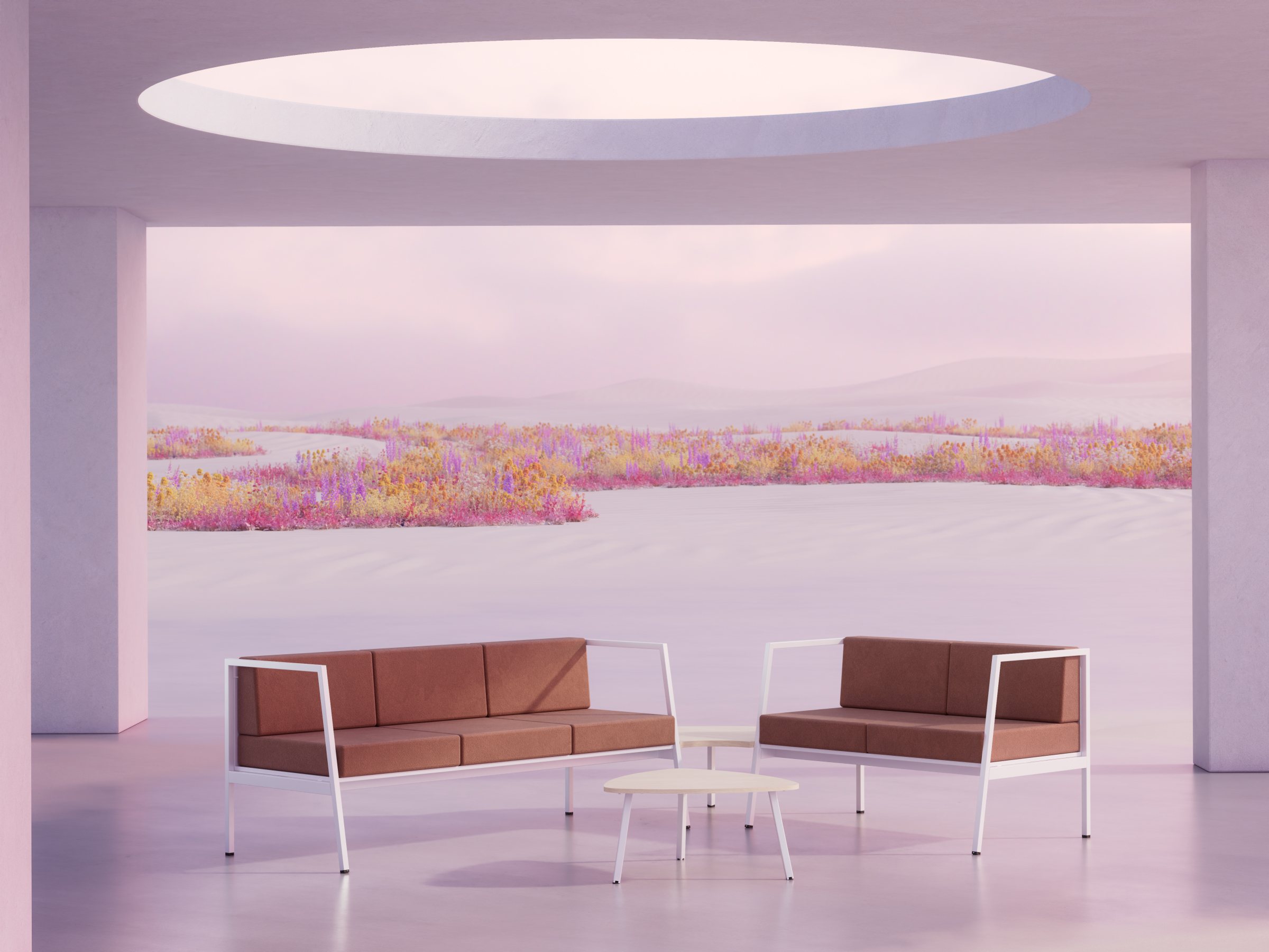 Deux canapés modernes marron avec cadre blanc entourant une table basse triangulaire dans un espace ouvert avec une vue sur un paysage rose et violet.