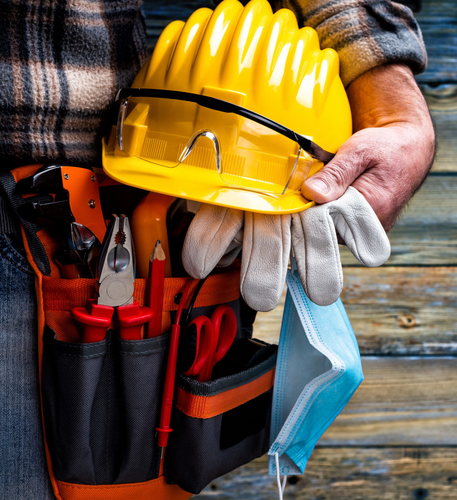 Covid safety: Hard hat, goggles, mask, gloves, toolbelt