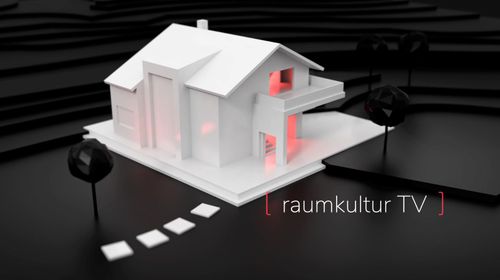 3D white modern house model on a black background with red glowing interior and text 'raumkultur TV'.