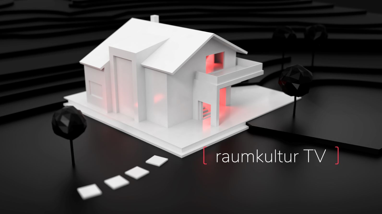 3D white modern house model on a black background with red glowing interior and text 'raumkultur TV'.