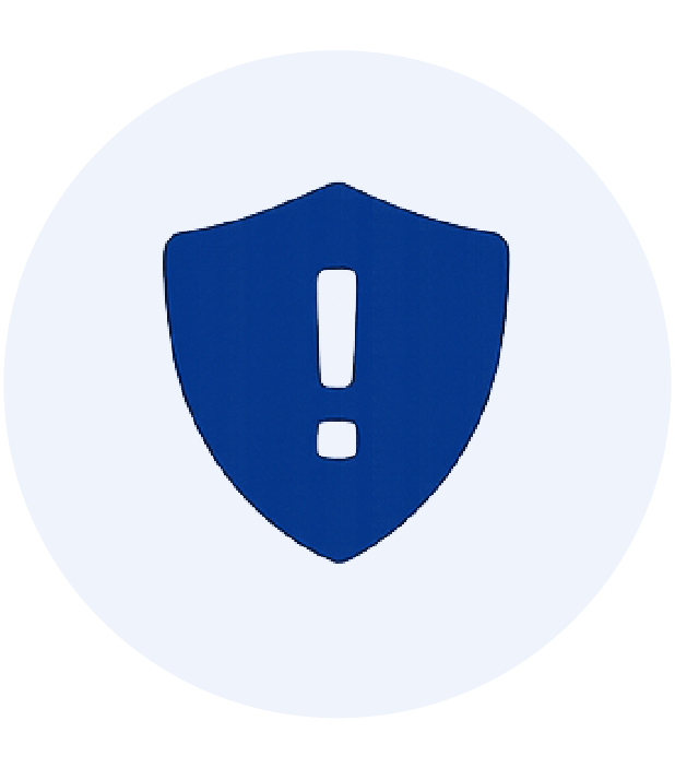 Blue shield icon with white exclamation mark in the center on a light blue circle background.