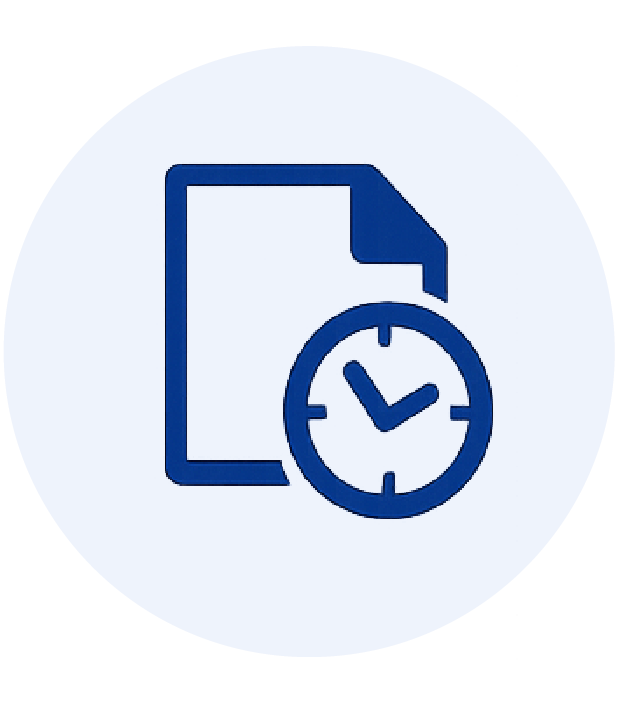 Blue document icon with a clock showing time in front, inside a light blue circle.