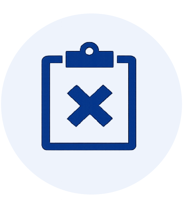Clipboard icon with a large X mark in the center.