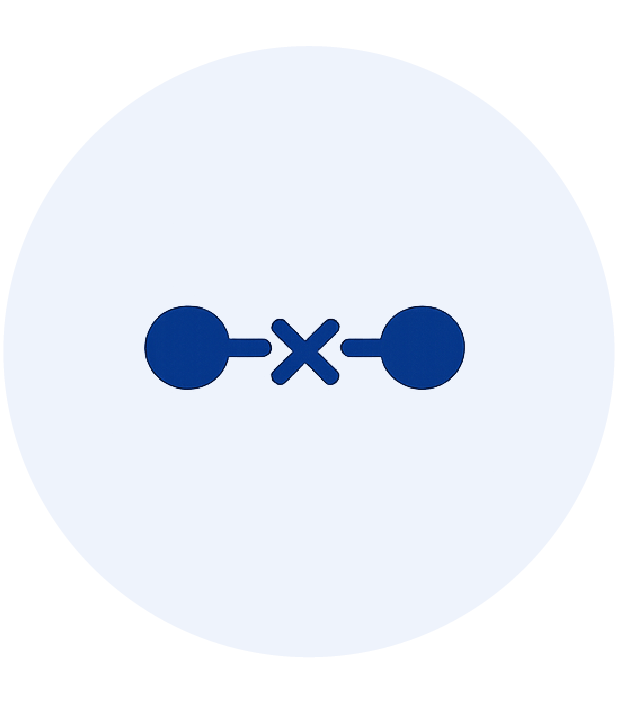 Two blue circles connected by lines to an X shape inside a light blue circle background.