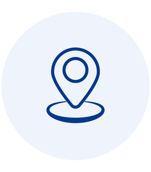 Blue map location pin icon on a light circular background.