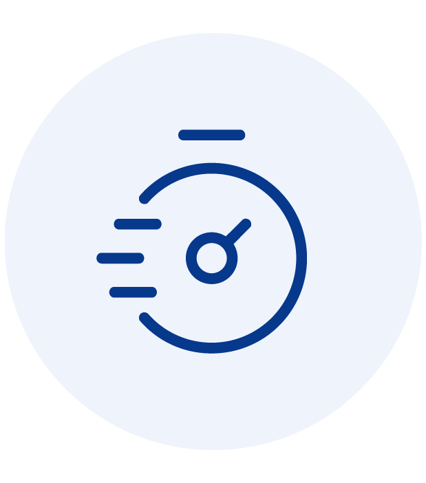 Blue stopwatch icon with speed lines on a light blue circular background.